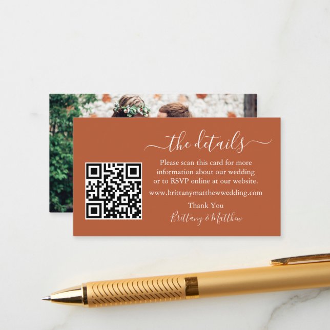 Calligraphy Wedding Details QR Photo Terracotta Enclosure Card (Front/Back In Situ)
