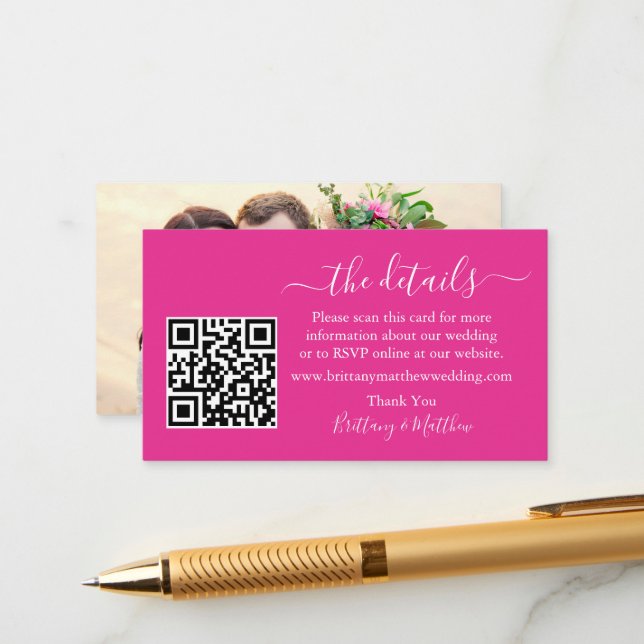 Calligraphy Wedding Details Web QR Photo Hot Pink Enclosure Card (Front/Back In Situ)