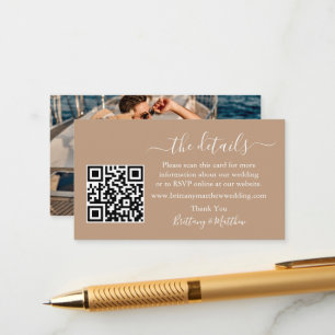 Calligraphy Wedding Details Web QR Photo Taupe Enclosure Card