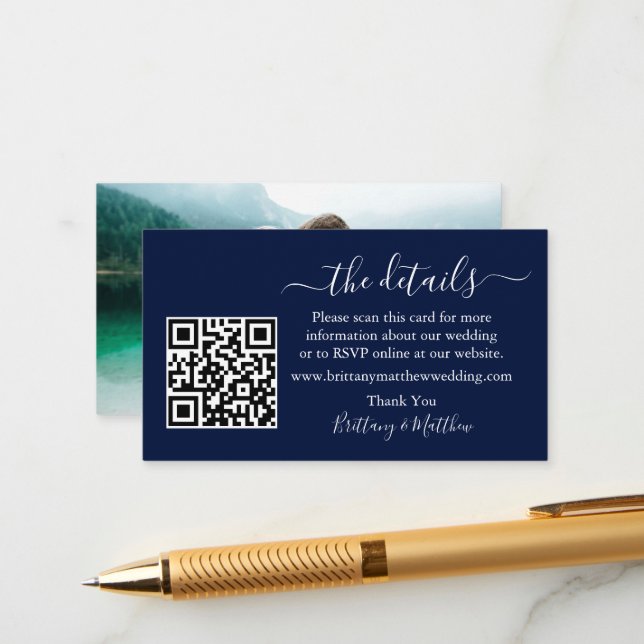 Calligraphy Wedding Details Website QR Photo Blue Enclosure Card (Front/Back In Situ)