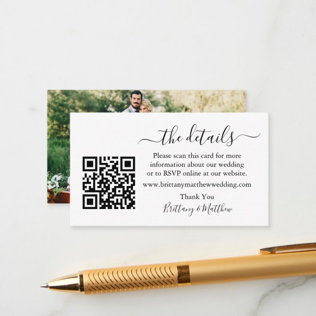 Calligraphy Wedding Details Website QR Photo Enclosure Card (Front/Back In Situ)