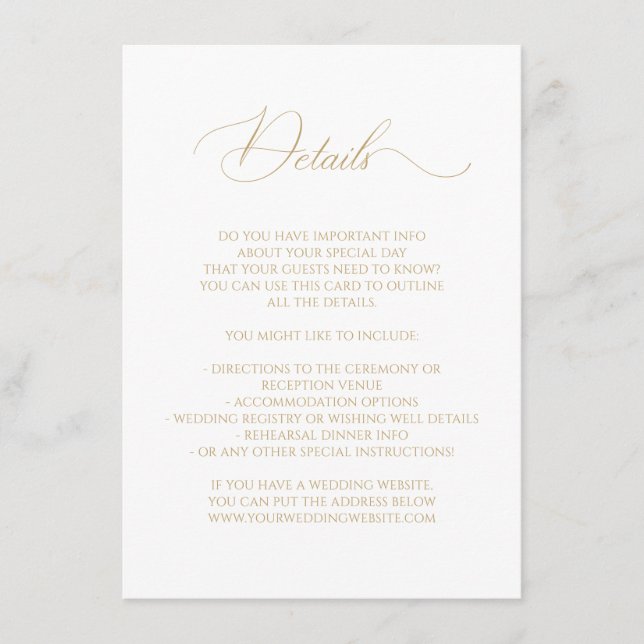 Calligraphy Wedding Fairy Tale Details Faux Gold Enclosure Card (Front)