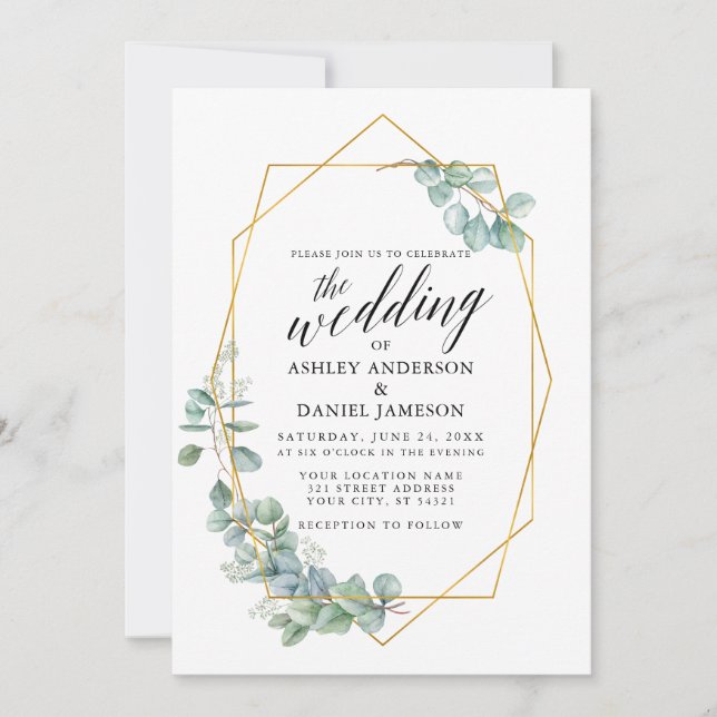 Calligraphy Wedding Gold Frame Eucalyptus Greenery Invitation (Front)