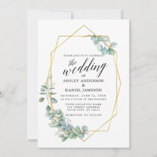 Calligraphy Wedding Gold Frame Eucalyptus Greenery Invitation
