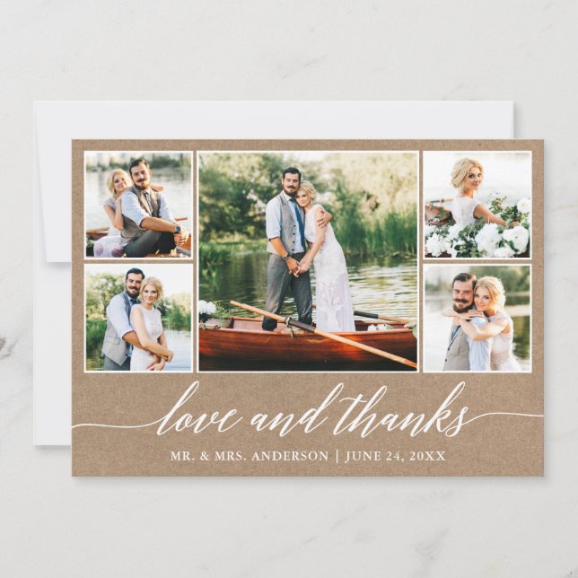 Calligraphy Wedding Kraft Love Thanks 5 Photo Thank You Card (Front)