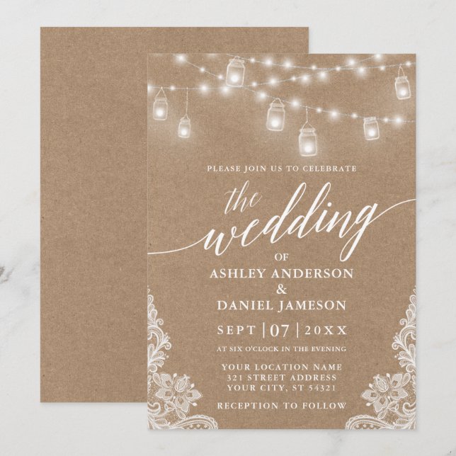 Calligraphy Wedding Lights Lace Kraft Invitation (Front/Back)