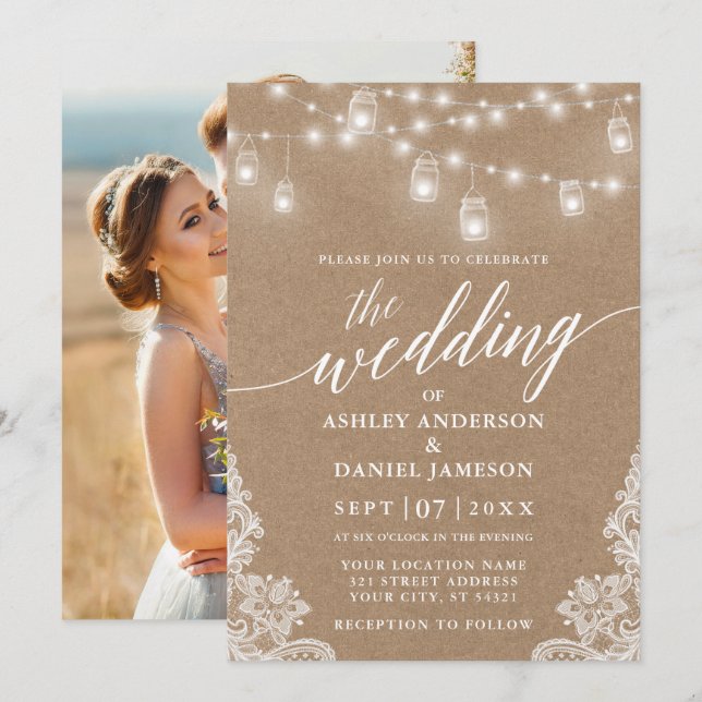 Calligraphy Wedding Lights Lace Kraft Photo Invitation (Front/Back)