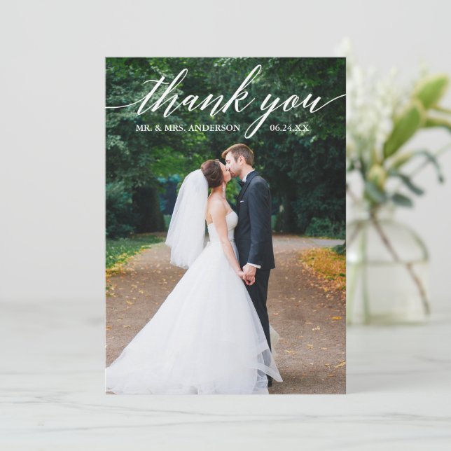 Calligraphy Wedding Photo Elegant Thank You Card (Standing Front)