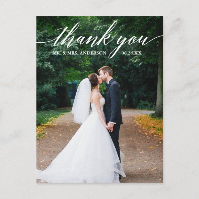 Calligraphy Wedding Photo Elegant Thank You Postcard (Front)