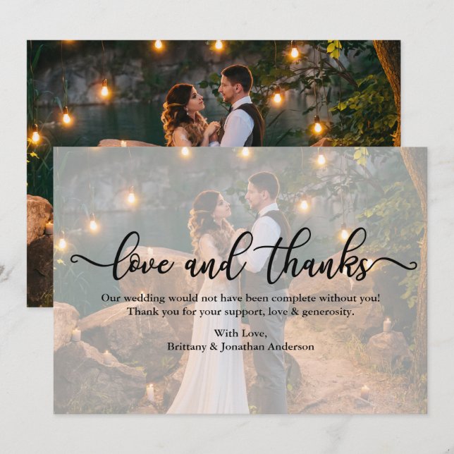 Calligraphy Wedding Photo Overlay Love Thanks Card (Front/Back)