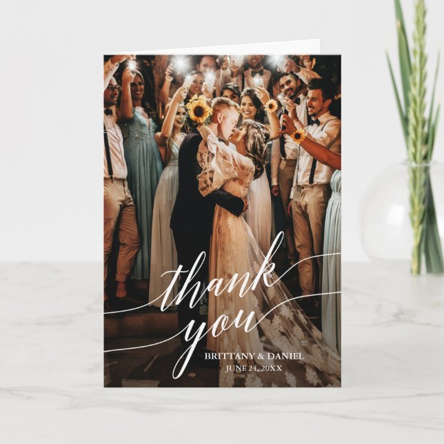 Calligraphy Wedding Photo Script Overlay Fold Thank You Card (Front)