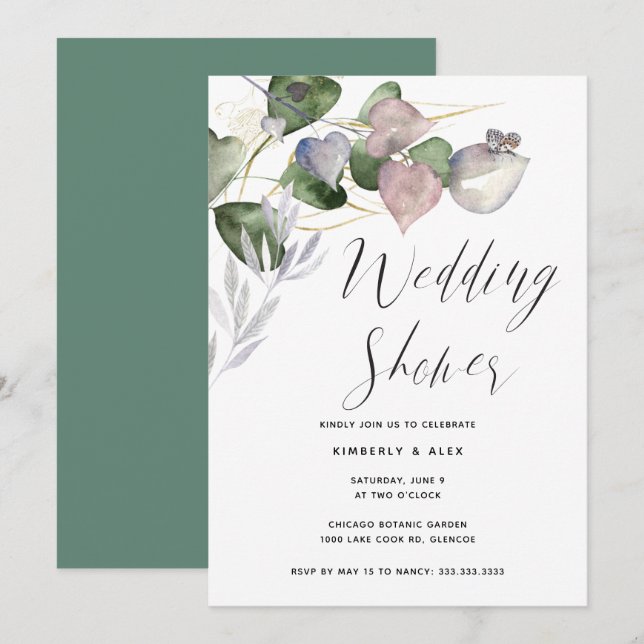 Calligraphy Wedding Shower Watercolor Eucalyptus Invitation (Front/Back)