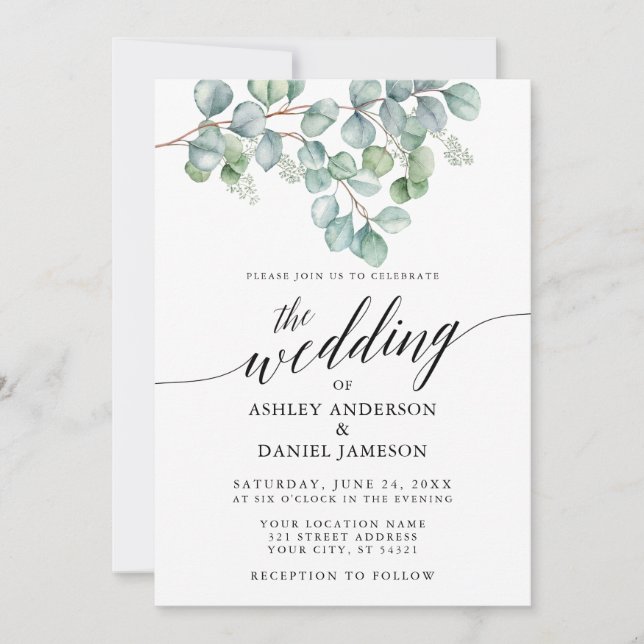 Calligraphy Wedding Watercolor Eucalyptus Greenery Invitation (Front)