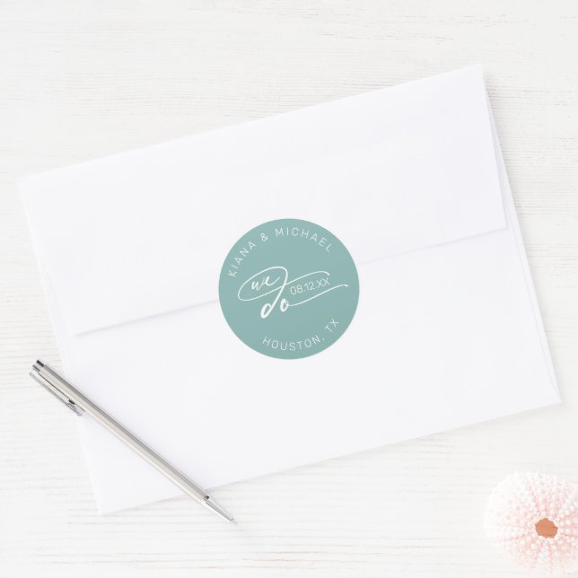 Calligraphy Wedding We Do Teal ID886 Classic Round Sticker (Envelope)