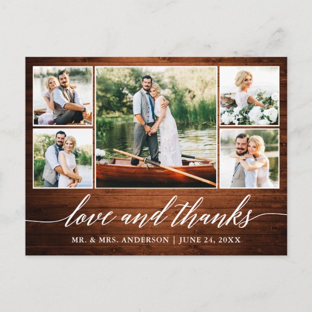 Calligraphy Wedding Wood 5 Photo Love Thanks Postcard (Front)