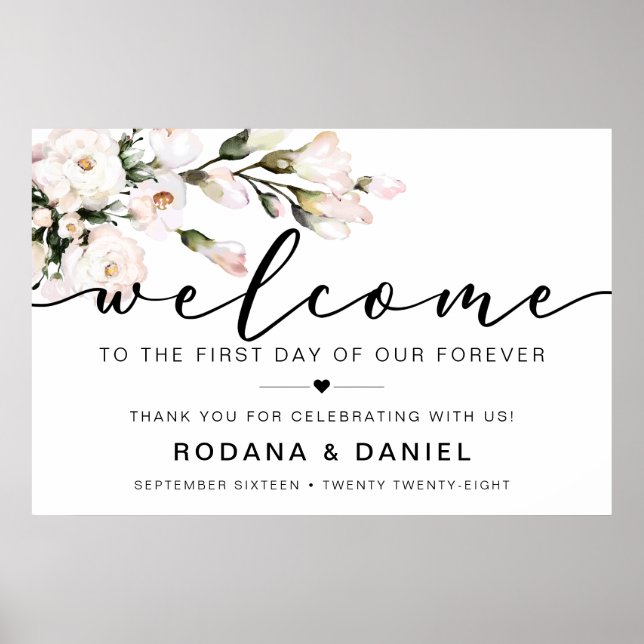 Calligraphy Welcome Blush Floral Wedding Sign (Front)