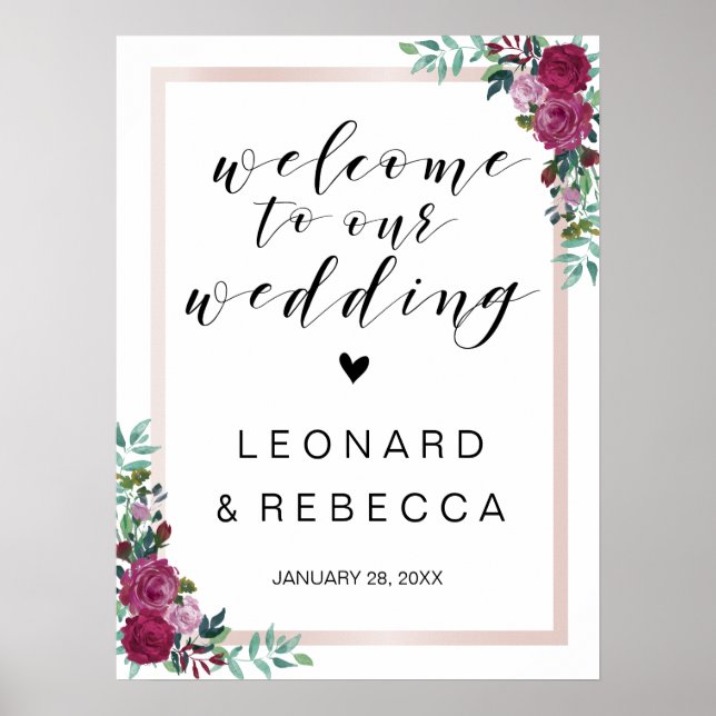 Calligraphy Welcome wedding sign roses frame (Front)