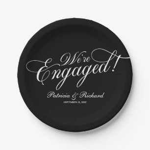 Calligraphy We're Engaged Engagement Party Black  Paper Plate