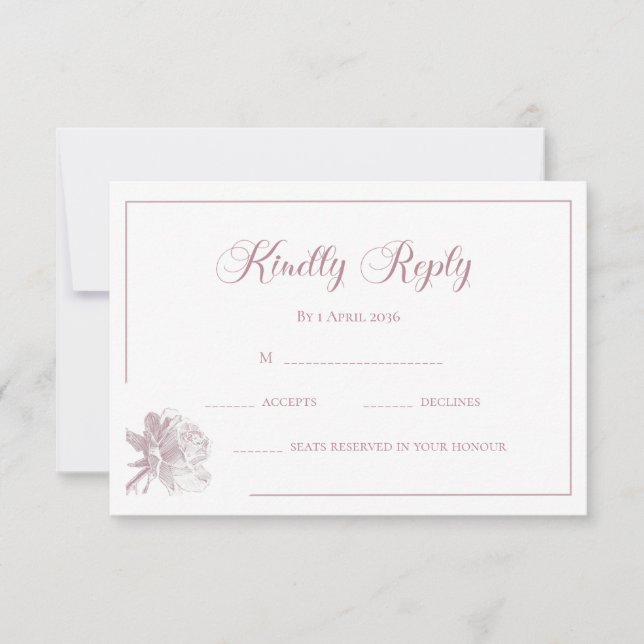 Calligraphy White Blush Pink Floral Wedding RSVP Card (Front)