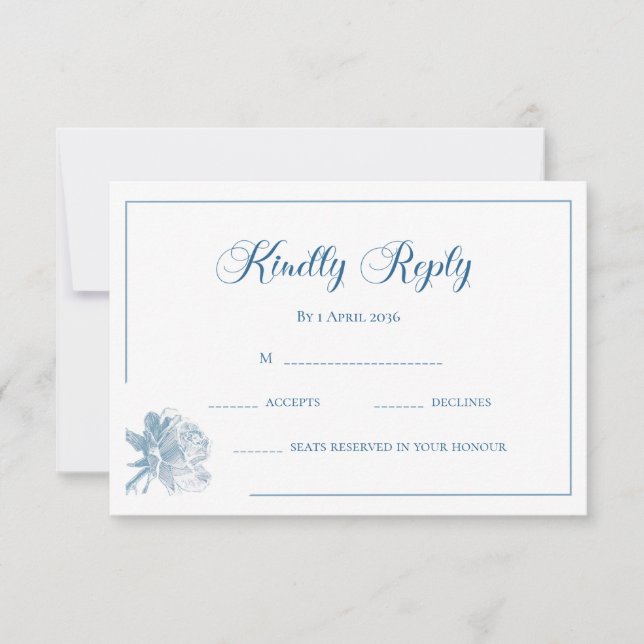Calligraphy White Dusty Blue Floral RSVP Wedding Card (Front)