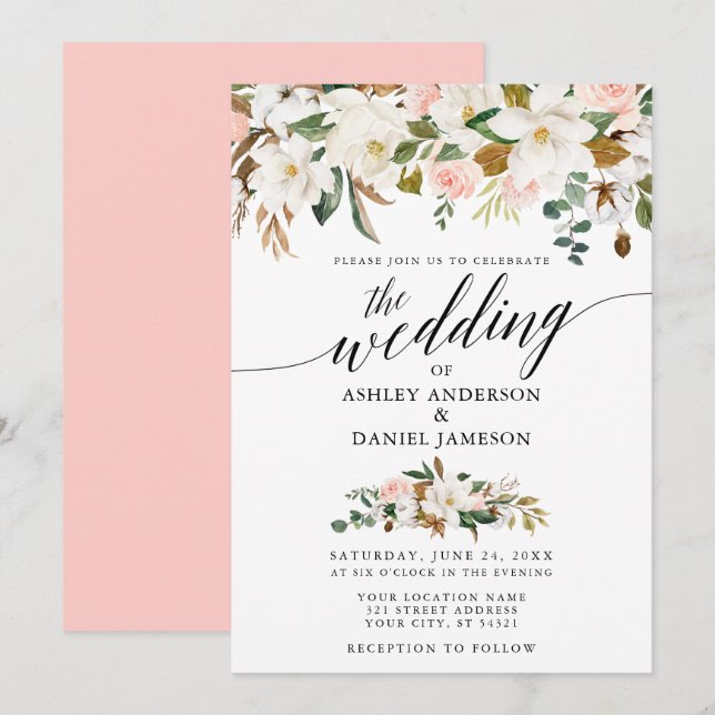 Calligraphy White Magnolias Pink Roses Wedding Invitation (Front/Back)