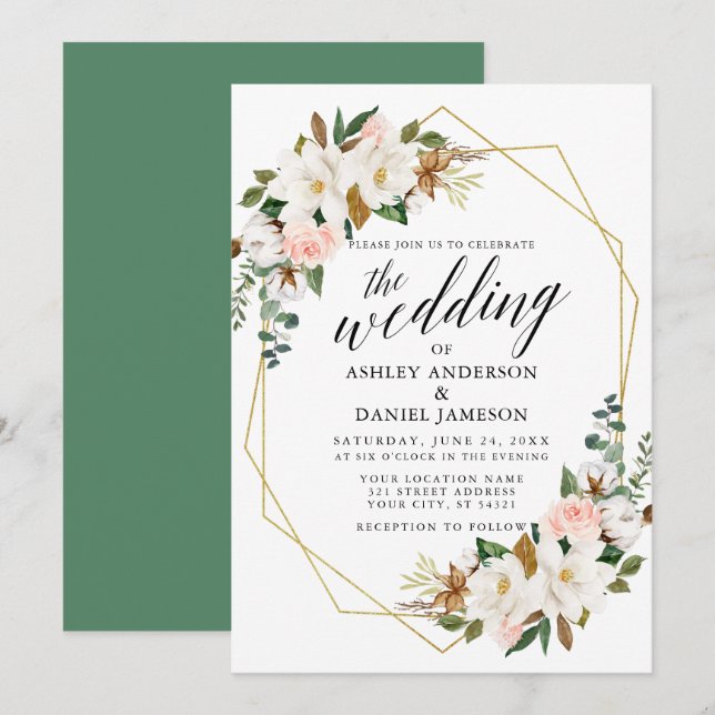 Calligraphy White Magnolias Roses Gold Wedding Invitation (Front/Back)
