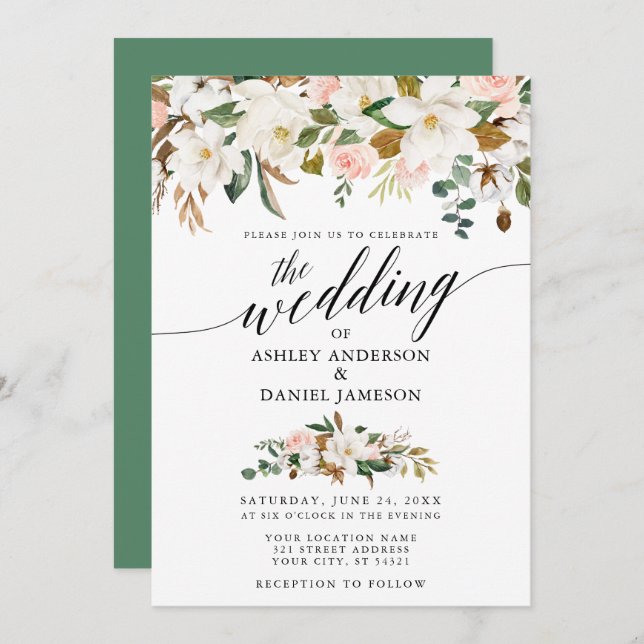 Calligraphy White Magnolias Roses Wedding Invitation (Front/Back)