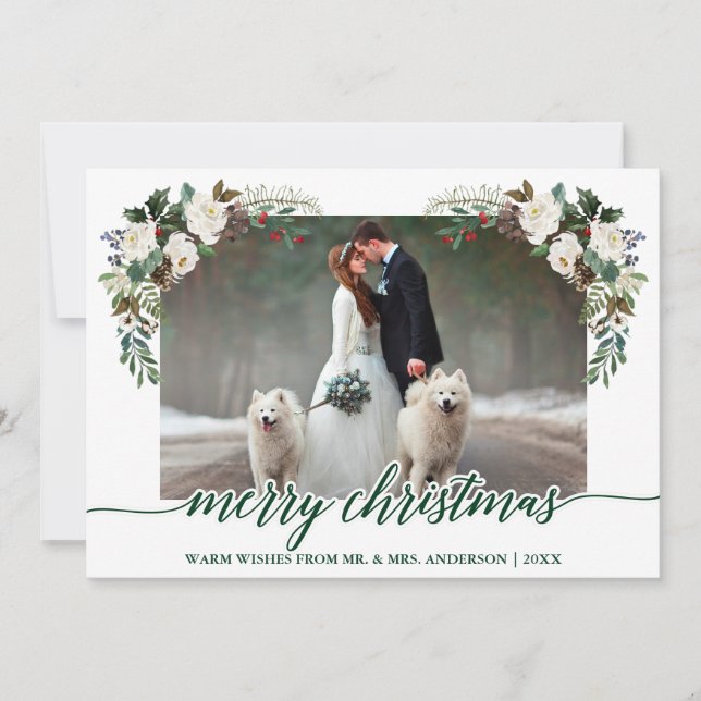 Calligraphy Winter Floral Green Wedding Photo Holiday Card (Front)