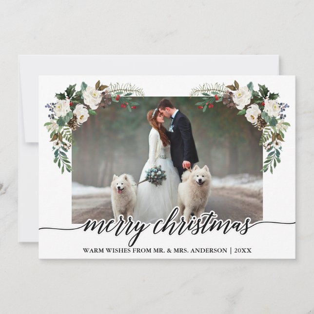 Calligraphy Winter Floral Greenery Wedding Photo Holiday Card (Front)