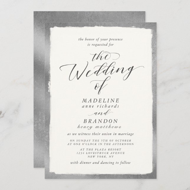 Calligraphy with Silver Edge Luxurious Wedding Invitation (Front/Back)