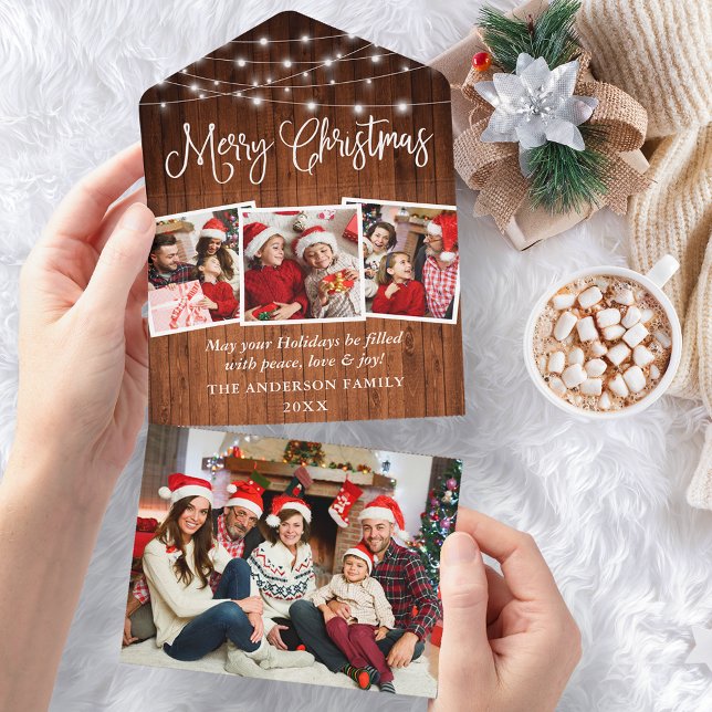 Calligraphy Wood 4 Photo All In One Christmas Card (All In One Holiday Card)