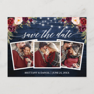 Calligraphy Wood Burgundy Floral Save The Date Postcard
