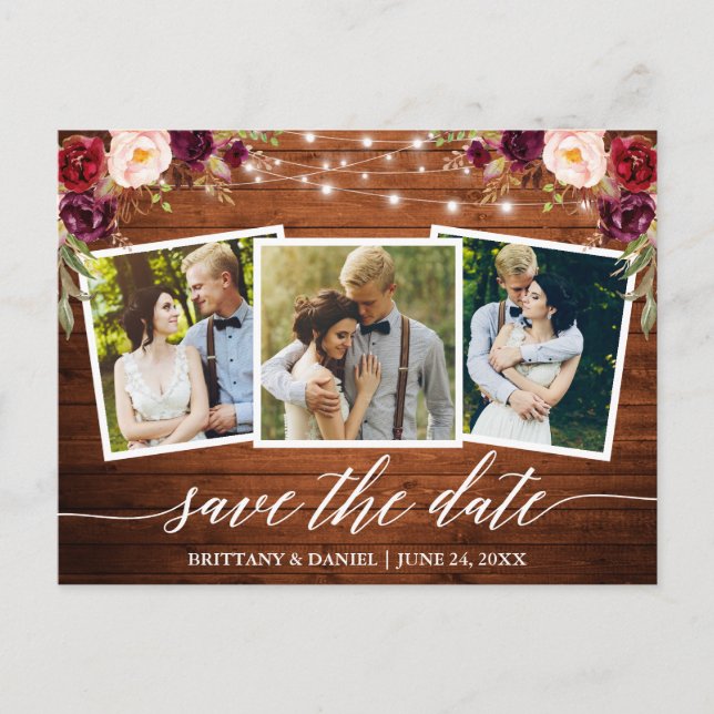 Calligraphy Wood Burgundy Floral Save The Date Postcard (Front)