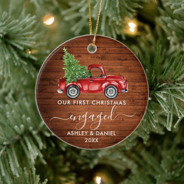 Calligraphy Wood First Christmas Engaged Truck Ceramic Tree Decoration (Tree)