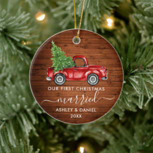 Calligraphy Wood First Christmas Married Truck  Ceramic Tree Decoration