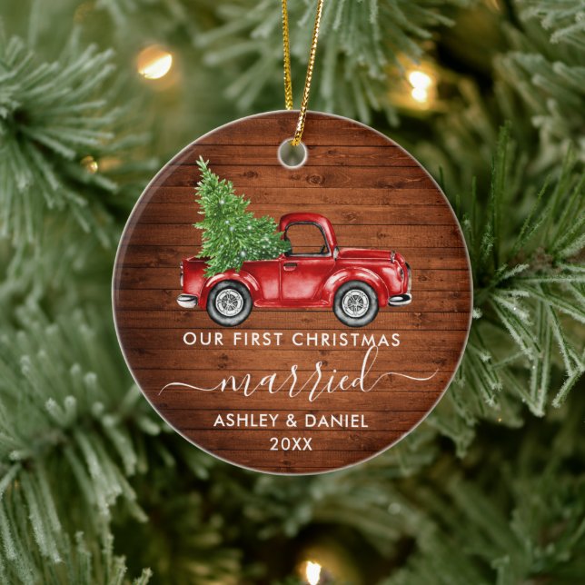 Calligraphy Wood First Christmas Married Truck  Ceramic Tree Decoration (Tree)