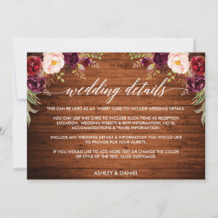 Calligraphy Wood Floral Wedding Details Card