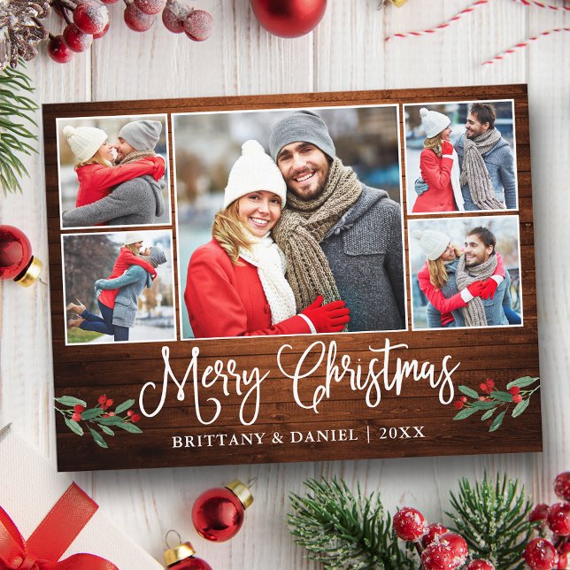 Calligraphy Wood Holly 5 Photo Couple Christmas  Postcard (Customize to change your personalized text size or text style.)