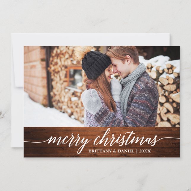 Calligraphy Wood Merry Christmas Couple Photo Holiday Card (Front)