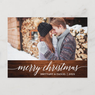 Calligraphy Wood Merry Christmas Couple Photo Postcard