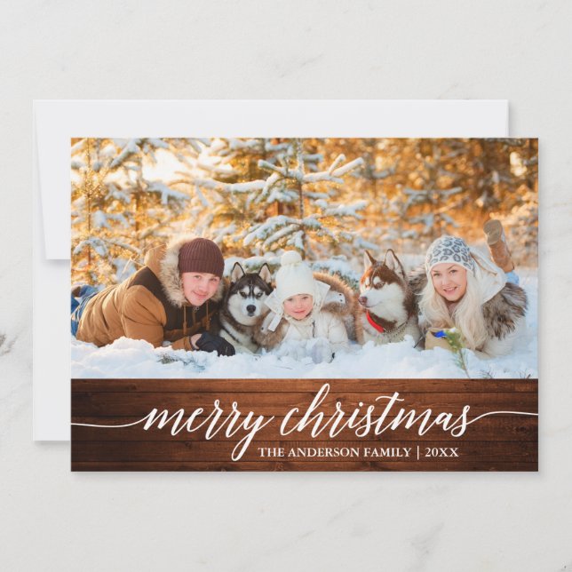 Calligraphy Wood Merry Christmas Family Photo Holiday Card (Front)