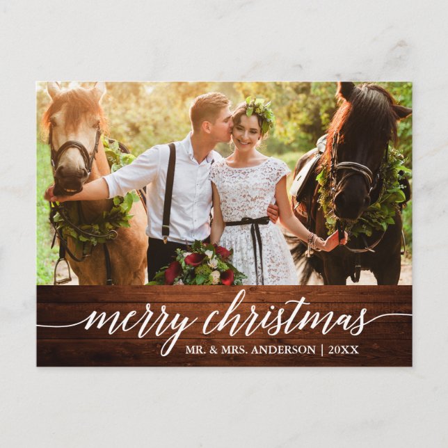 Calligraphy Wood Merry Christmas Wedding Photo Postcard (Front)