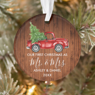 Calligraphy Wood Mr. Mrs. Christmas Red Truck Ornament