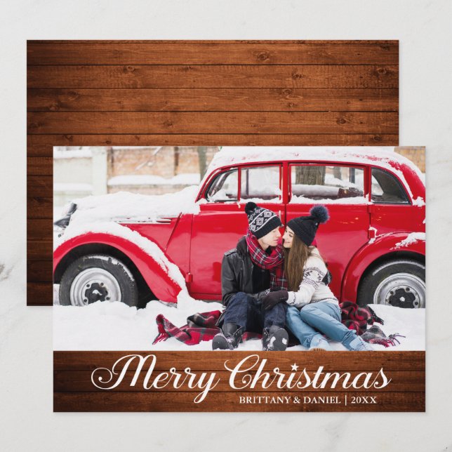 Calligraphy Wood Star Merry Christmas Photo Holiday Card (Front/Back)