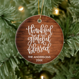 Calligraphy Wood Thankful Grateful Blessed Ceramic Tree Decoration