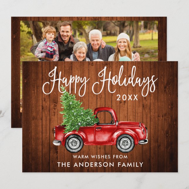 Calligraphy Wood Vintage Truck Photo Back Holiday Card (Front/Back)