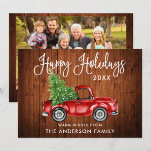 Calligraphy Wood Vintage Truck Photo Back Holiday Card