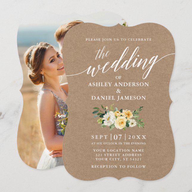 Calligraphy Yellow Floral Wedding Kraft Photo Invitation (Front/Back)