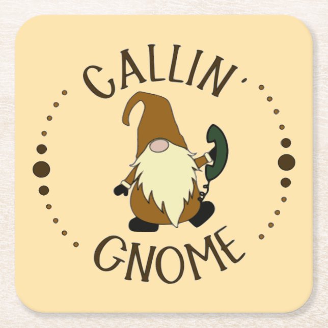 Callin’ Gnome  Square Paper Coaster (Front)