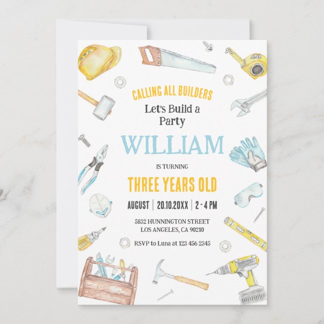 Calling All Builders Kids Boy Birthday Invitation (Front)